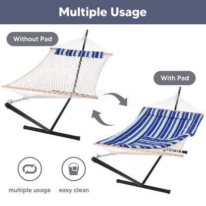 SUNCREAT Hammock Double Hammock with Stand, Carrying Bag, Two Person Cotton Rope Hammock, Blue Stripe