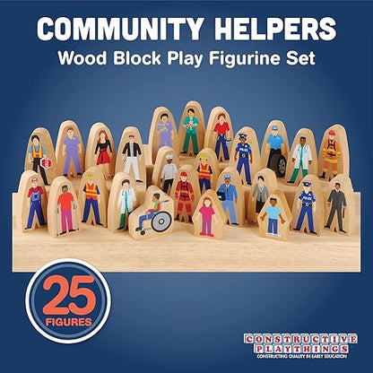 Constructive Playthings Wooden Community Helpers 25-Piece Wood Block Play Figurine Set Freestanding Inclusive and Diverse Wood Toy Figures for Kids Ages 3+