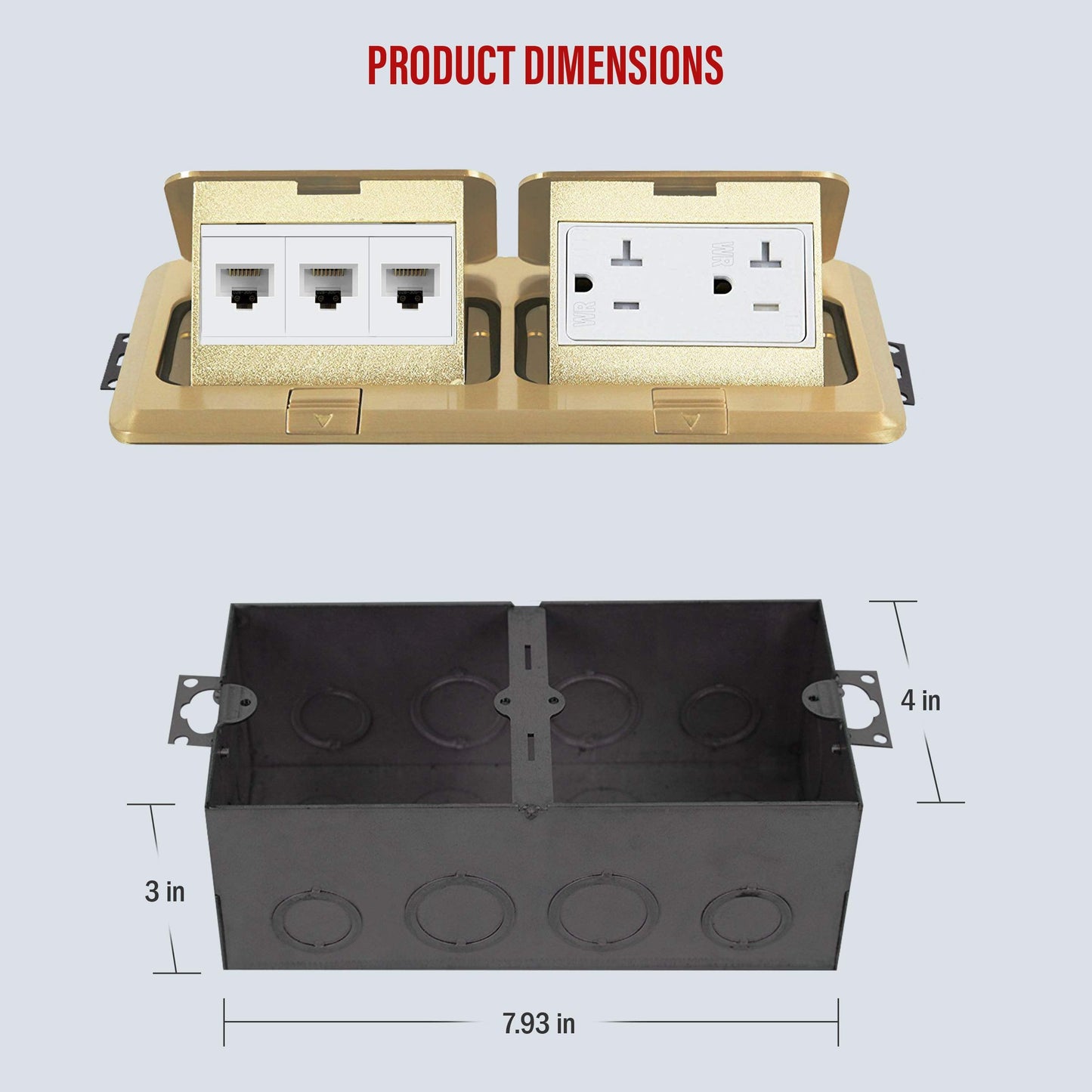 ENERLITES Dual Pop-Up Floor Box Kit, 8.68" X 4.75" Cover, 20A Tamper-Weather Resistant Receptacle Outlets, RJ45 Data Ports, Watertight Gasket, Corrosive Resistant Hardware, Brass (962301-C-D)