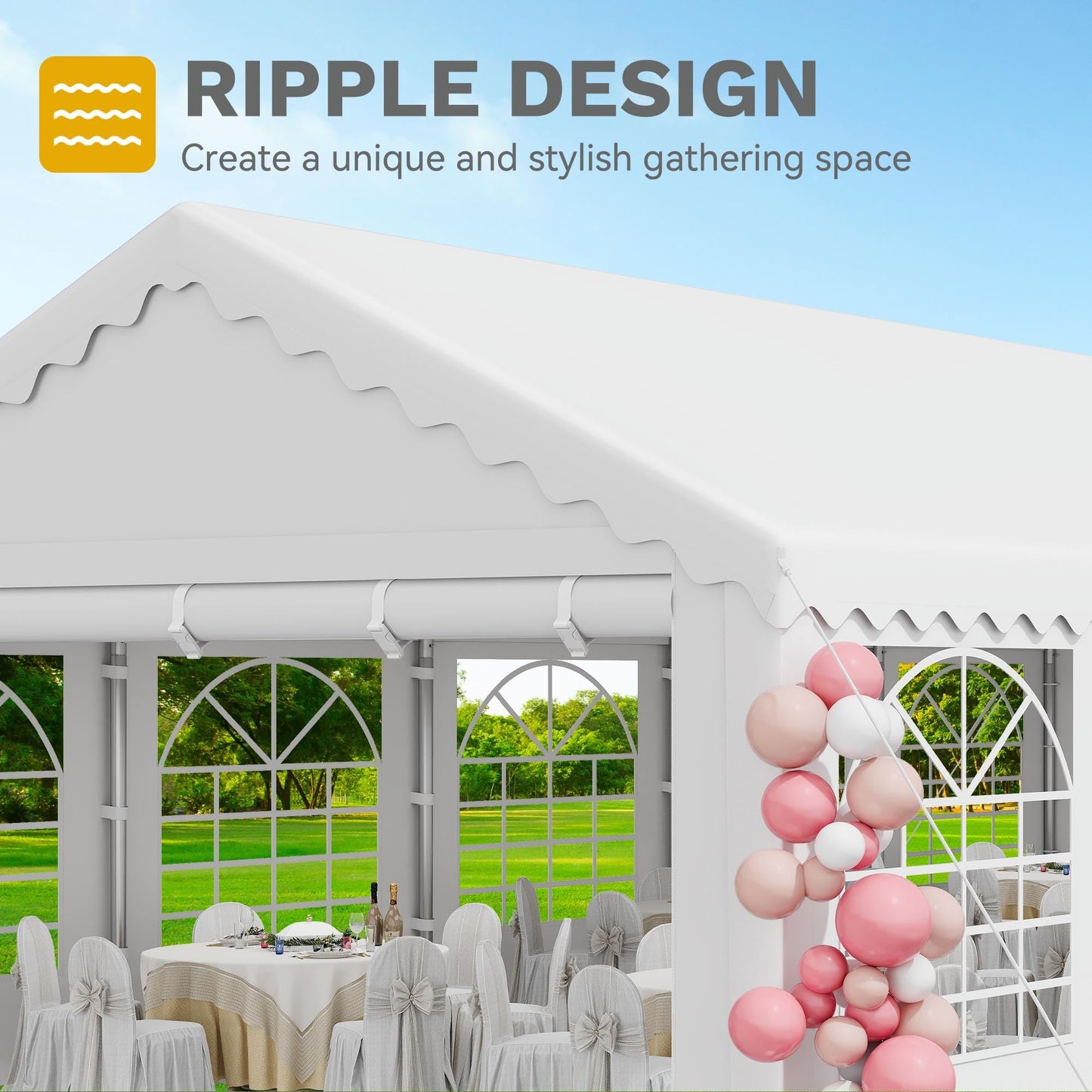 DWVO 16x32FT White Wedding Event Tents Pavilion, White Heavy-Duty Canopy with Enhanced Galvanized Ripple Frame, Spacious Roof, Detachable Side Panels, and 2 Handy 600D Oxford Storage Pouches