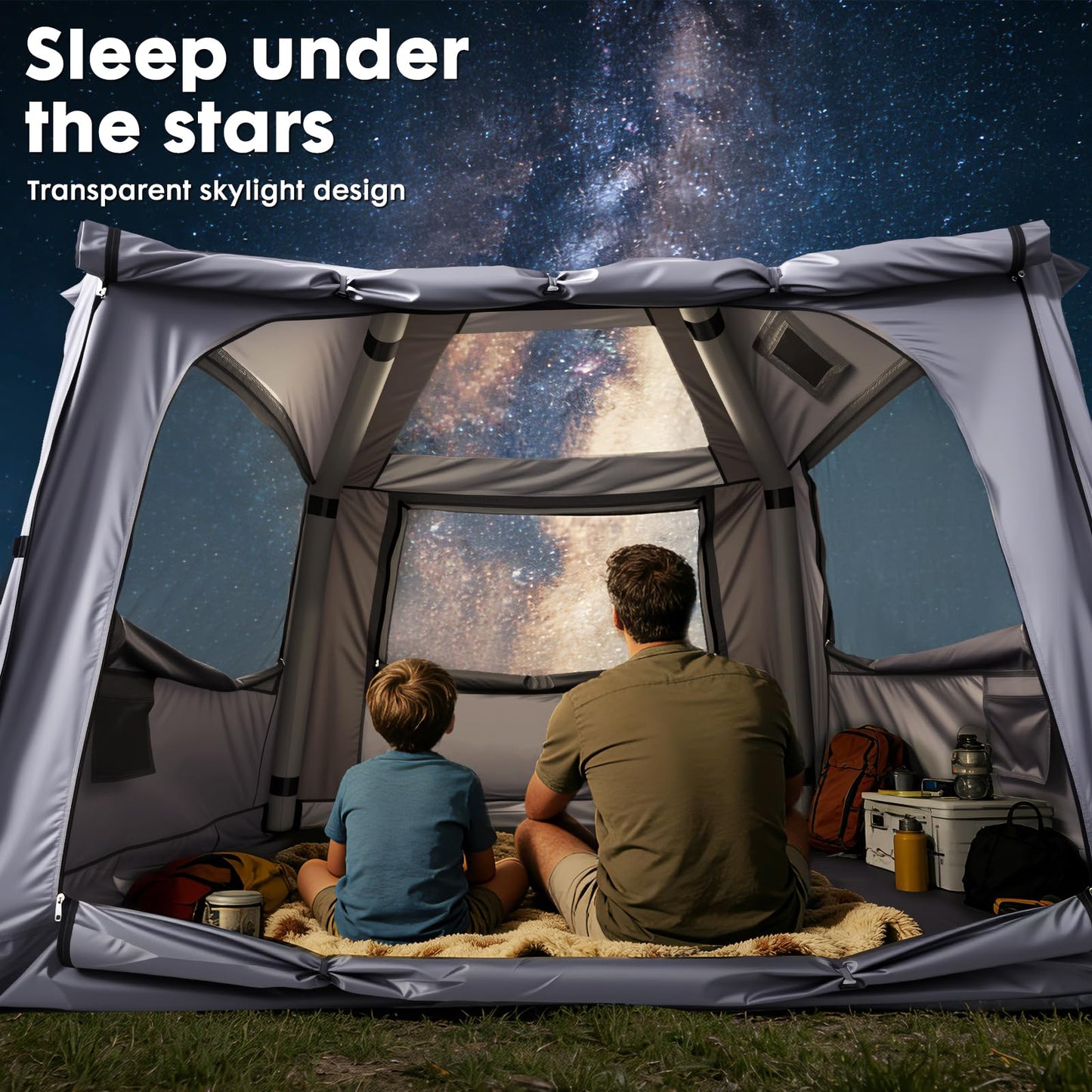 Inflatable Tents for Camping 2-4 Person, Blow Up Tent with Skylight & Awning, Waterproof Inflatable Camping Tent with Mesh Windows, Portable Tent Camping Essentials, Easy Setup with Hand Pump