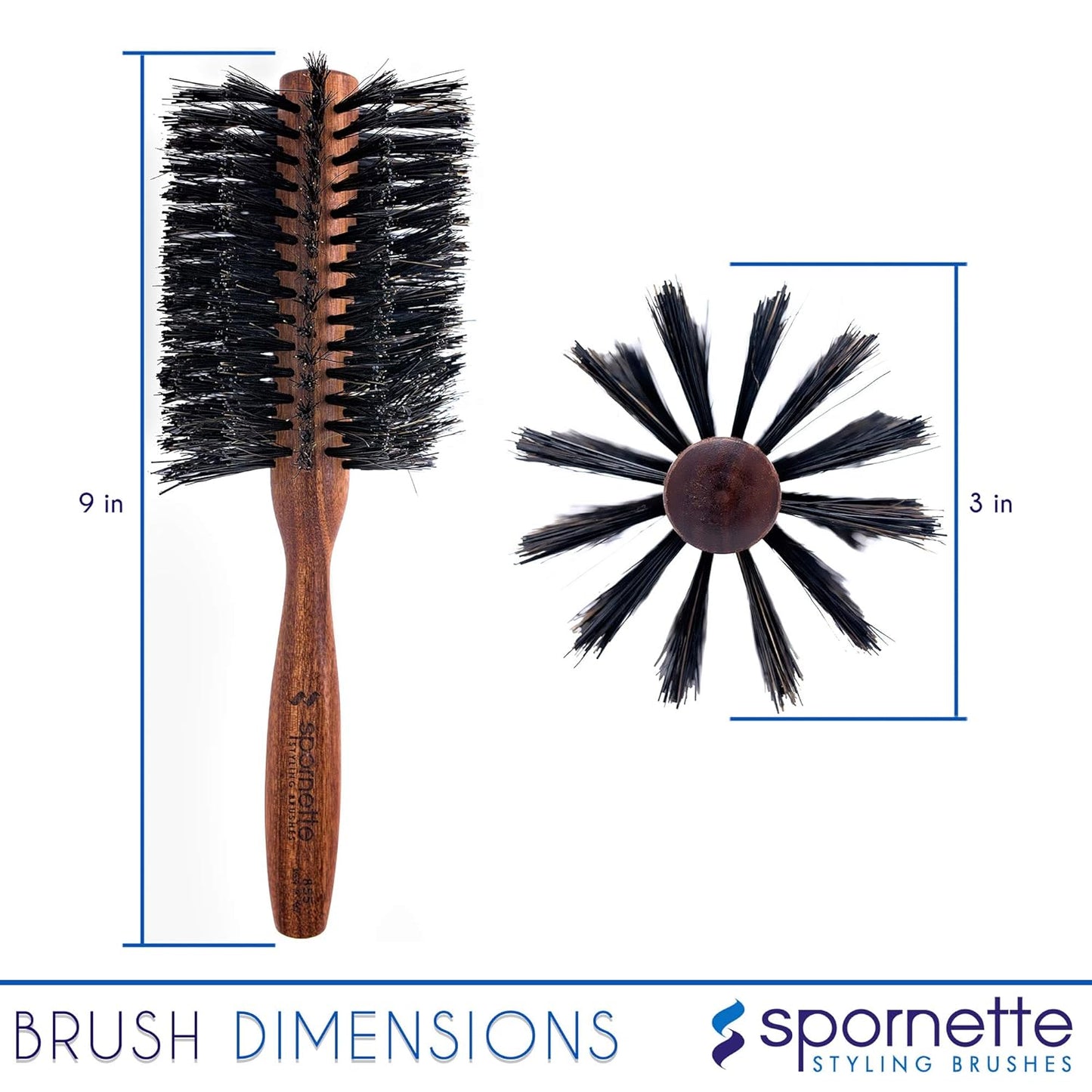 Spornette Italian Rounder Boar Bristle Round Hair Brush for Women & Men - Large Round Brush for Blow Drying, Styling & Volumizing - Wooden Brush for Medium to Long Thick, Fine, Curly or Straight Hair