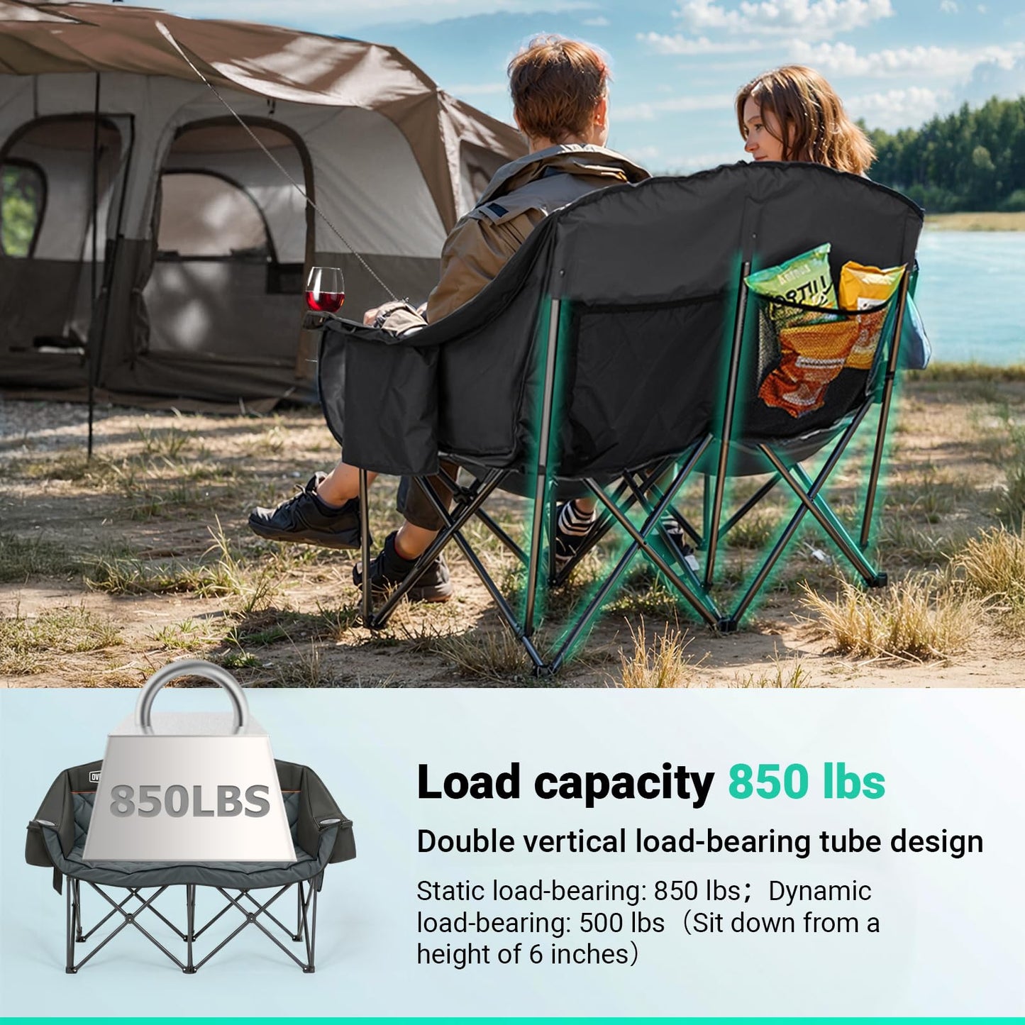 Overmont Oversized Double Camping Chair for Adults Supports up to 850 lbs XXL Heavy Duty Padded Folding Loveseat with Cooler Bag and Cup Holder for Outdoor, Beach, Fishing, Lawn, Black