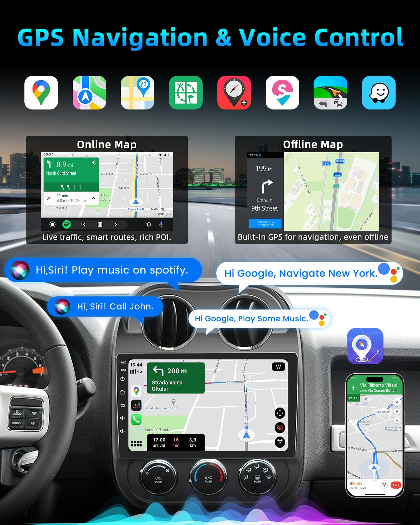 [4Core+64GB] Car Radio for Jeep Compass Patriot 2010-2016: 10'' 1280x800 IPS HD Touchscreen Head Unit Stereo with Wireless Carplay Android Auto 5GWiFi Bluetooth5.0 GPS FM SWC 1080 Backup Camera