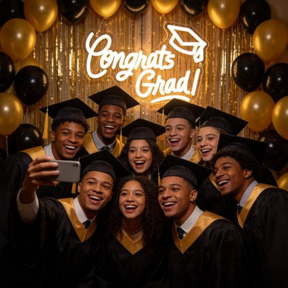 Congrats Grad Neon Sign with Graduation Cap, 16*11In Warm White Grad Light Up Led Sign for Class of 2026 Graduation Party Decorations Prom Celebration Gifts Kindergarten High School College Wall Decor