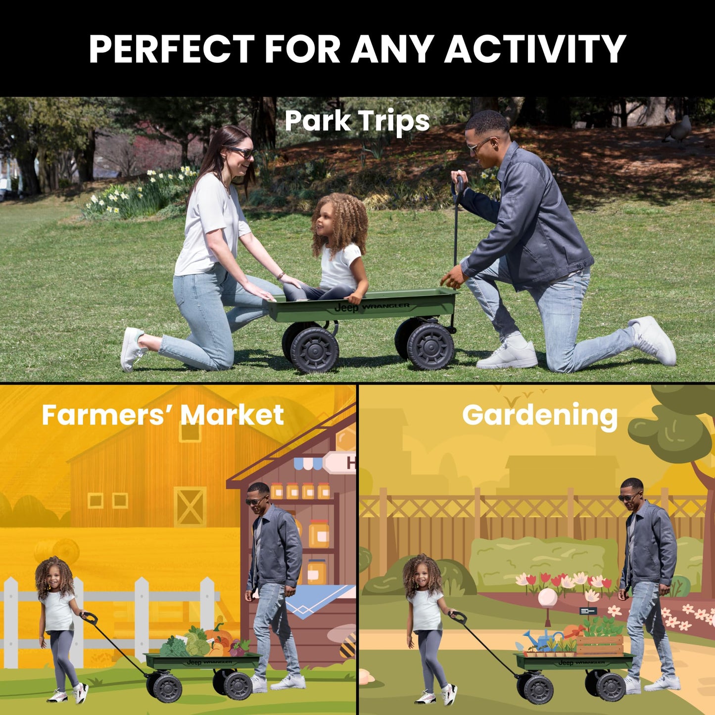Jeep Wrangler Classic Kids Wagon by Delta Children – Rolling Utility Cart with All-Terrain Tires, Fold-Under Handle, Steel Body Pull Wagon for Outdoor Play, Olive Green Willys Jeep Heritage Design