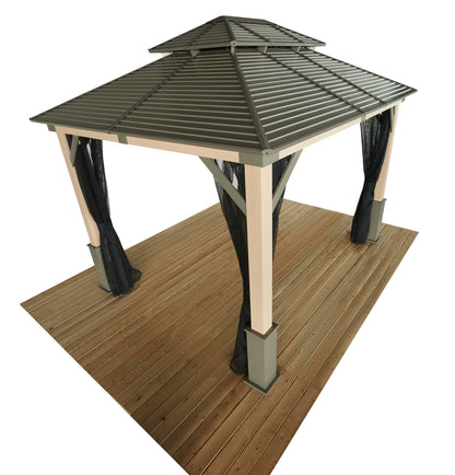 Tommy Bahama Edition Cove 10' x 12' Outdoor Hardtop Gazebo Pavilion for Backyard or Patio, Heavy-Duty Galvanized Steel Double Roof Gazebo, Wood Grain Finish