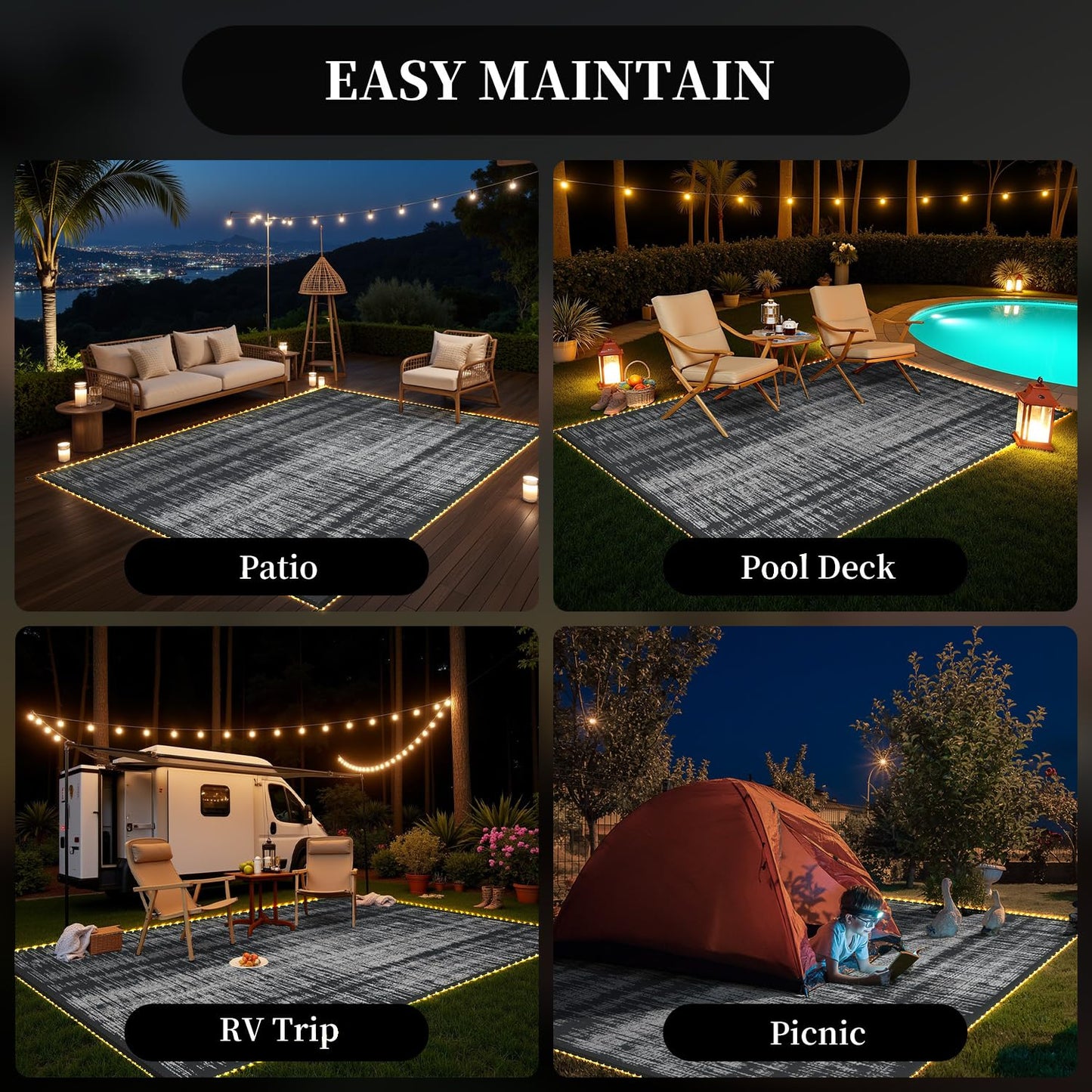 MontVoo Outdoor Rug Waterproof 9x12 ft with Strip Lights Outdoor Patio Rug Mat Reversible Plastic Straw Rug Outside Outdoor Rug for RV Camping Picnic Balcony Backyard