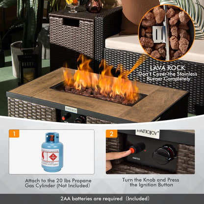 Tangkula 2 Piece Outdoor Propane Fire Pit Table Set with Hideaway Propane Tank Holder, 40,000 BTU Rattan Wicker Fire Pit Table with Lava Rocks, Waterproof Cover, Ideal for Backyard, Patio (Brown)