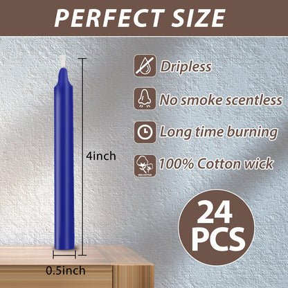 24 Pack Blue Spell Chime Candles – Premium Mini Unscented Taper Candles for Rituals, Prayer, Meditation, Altar, Spells – 4" Tall – Ideal for Witches & Spiritual Practices
