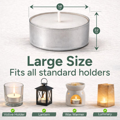 Zuvo Tea Lights Candles 4 Hour Burn (100 Pack) - White Lights - 1.5"W x 1"H Smokeless & Unscented Candles - Party Candles- for Weddings, Home Decor