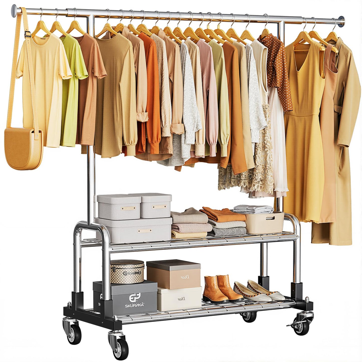 Luxspire Heavy Duty Clothes Rack, Clothing Rack Load 600 LBS, Rolling Clothes Racks for Hanging Clothes with Sturdy Wheels & 2 Tier Shelves, Adjustable Garment Rack for Bedroom, Laundry Room, Silver