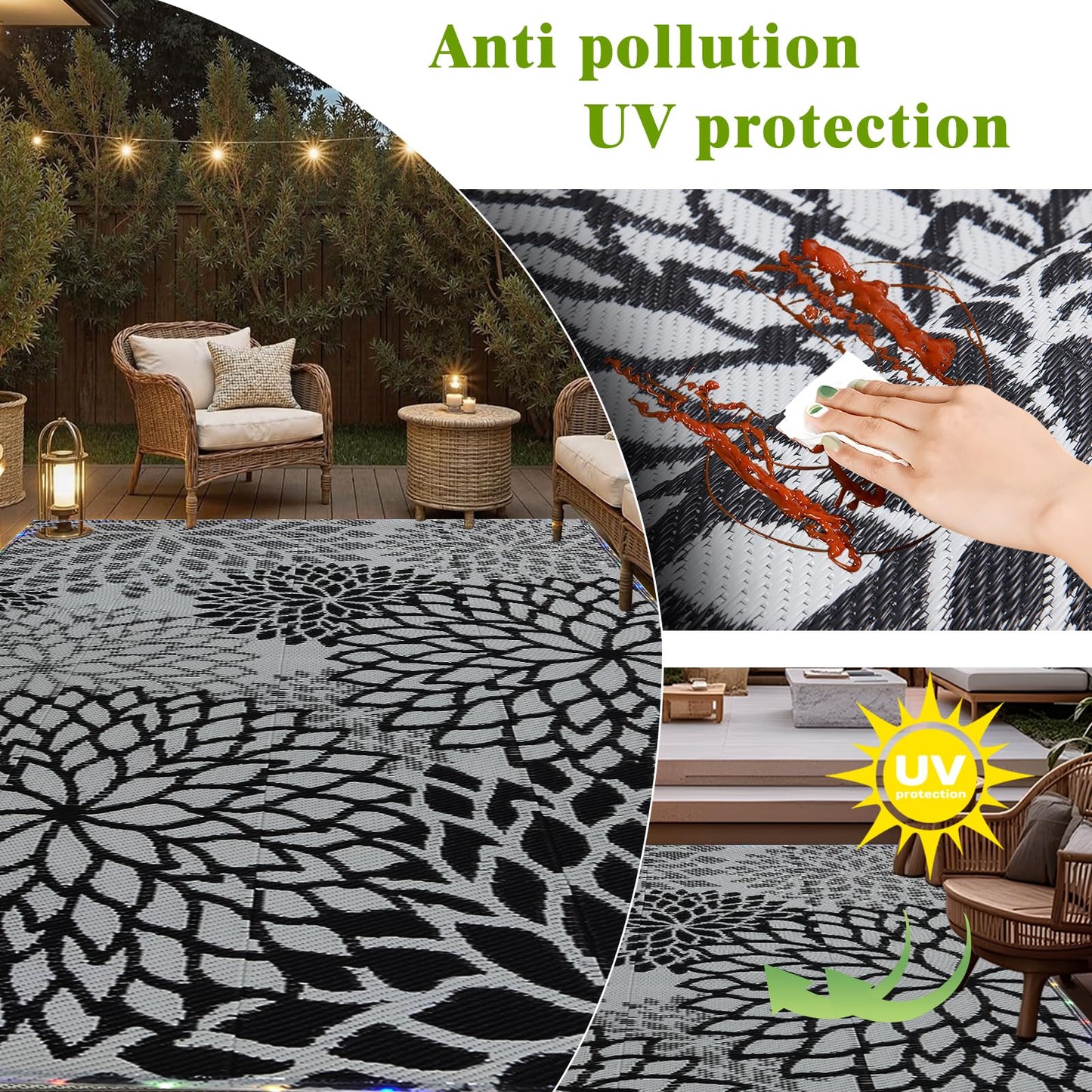 YONILE Outdoor Rug 9x12 ft with LED Light, Waterproof Reversible Outdoor Plastic Straw Rug for Patios Clearance, Large Outdoor Area Rug Carpet RV Mat for Camping Backyard Deck Porch Beach