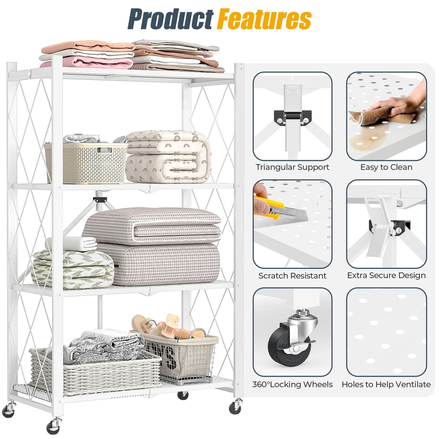 4 Tier Shelf Foldable Storage Shelf w/360° Movement Wheels, No Assemble Shelving Storage, Heavy Duty Folding Shelves, Garage Shelf Storage Organizer for Laundry, Kitchen, Utility Room(White, 4Tier)