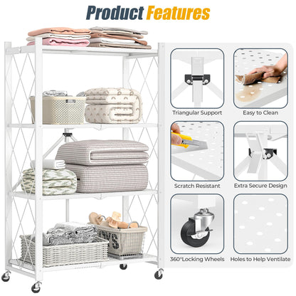 4 Tier Shelf Foldable Storage Shelf w/360° Movement Wheels, No Assemble Shelving Storage, Heavy Duty Folding Shelves, Garage Shelf Storage Organizer for Laundry, Kitchen, Utility Room(White, 4Tier)