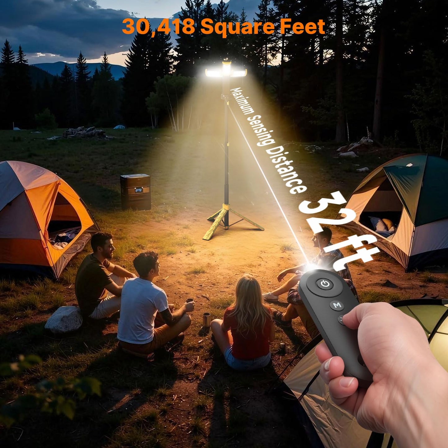 OGERY Camping Lights with Remote, 18000mAh Rechargeable Camping Lantern & LED Work Light, Detachable Tripod Stand up to 6.0 ft, 3 Lamp Heads for Camping Essentials & Emergency, Yellow