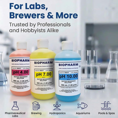 pH Buffer Calibration Solution 3-Pack: pH 4.00, pH 7.00, pH 10.00 Buffers — 500 mL (1.06 Pint) Each — Color Coded — NIST Traceable for All pH Meters