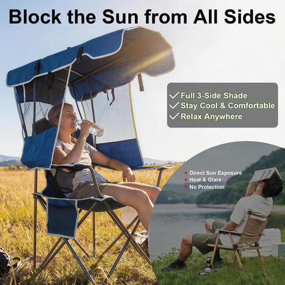 Romswi Folding Canopy Beach Camping Chairs for Adult 2 Pack, Portable Outdoor Chairs with Sunshade,Cup Holder & Side Pocket for Camping, Fishing, Beach, Backyard, Navy