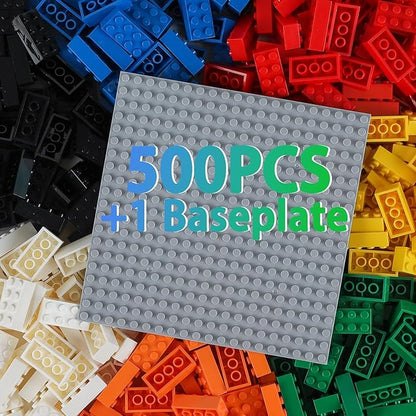 500 Piece Classic Building Bricks and 1 Gray Baseplate 2x4 Bricks Bulk Creative Building Toys Blocks Bulk for Kids Ages 6+ 7 Colors(Samll Bricks 1.25x0.62x0.47 in)