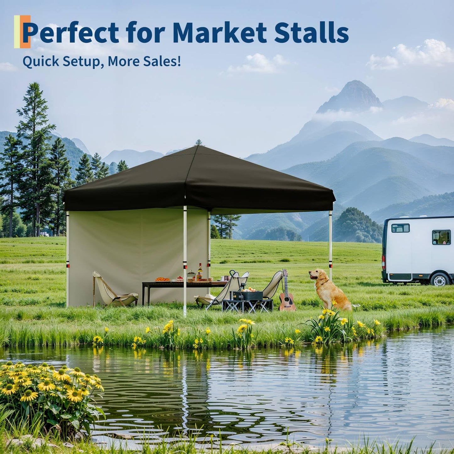 GarveeLife 10x10 Pop Up Canopy with One Sidewalls - Easy Up Camping Tent with One Button Push Setup - 1 Roller Bag, 3 Adjustable Height, 4 Weight Bags for Deck, Garden, Sports, Beach, Party - Black