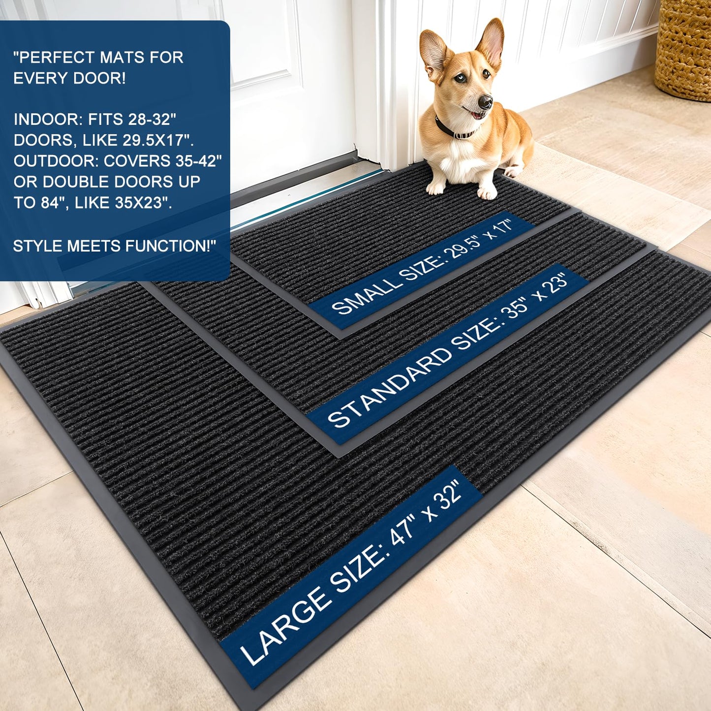 OLANLY Front Door Mat Indoor Outdoor Entrance, 2-Pack 47 x 32 Inch, Waterproof Heavy Duty Doormat, Fade Resistant, Low Profile, Easy Clean Patio Porch Welcome Floor Mats for Entry, Off-Black