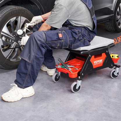 VEVOR Mechanic Stool 300 LBS Capacity Garage Stool Gift for Men, Heavy Duty Rolling Mechanics Seat, with Three Slide Out Tool Trays and Drawer, Tools for Automotive Auto Repair