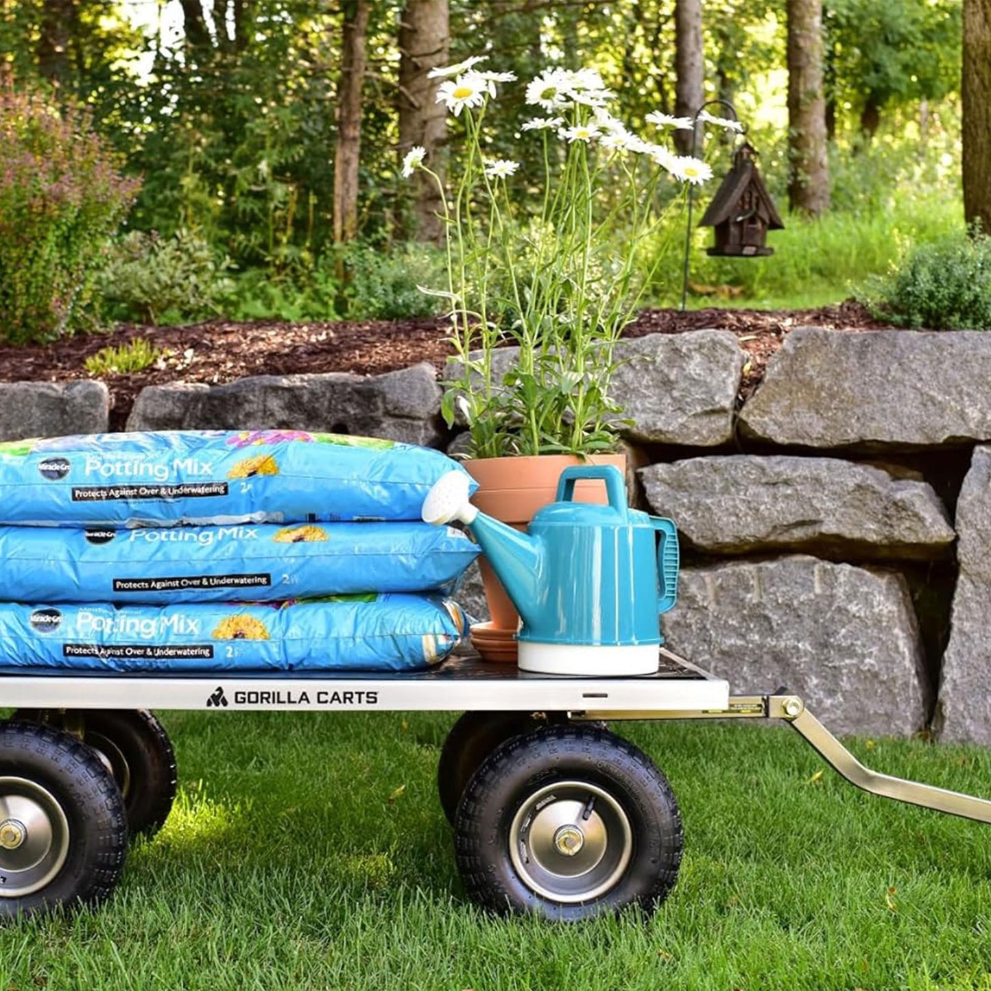 Gorilla Carts Steel Utility Garden Cart, 1,000-Pound Capacity, Gray - Heavy-Duty Outdoor Wagon with Removable Sides, 13-Inch Pneumatic Tires, and Convertible Pull or Tow Handle