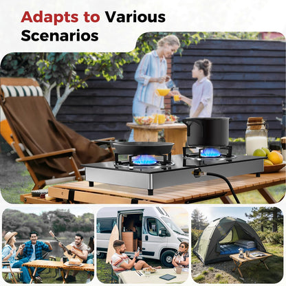 CAMPLUX 2 Burner Propane Stove, LPG Tempered Glass Auto Ignition Double Burner Portable Gas Stove Top, 19,000 BTU Propane Cooktop for Camping, CSA Regulator & Hose Included, estufa de gas portatil