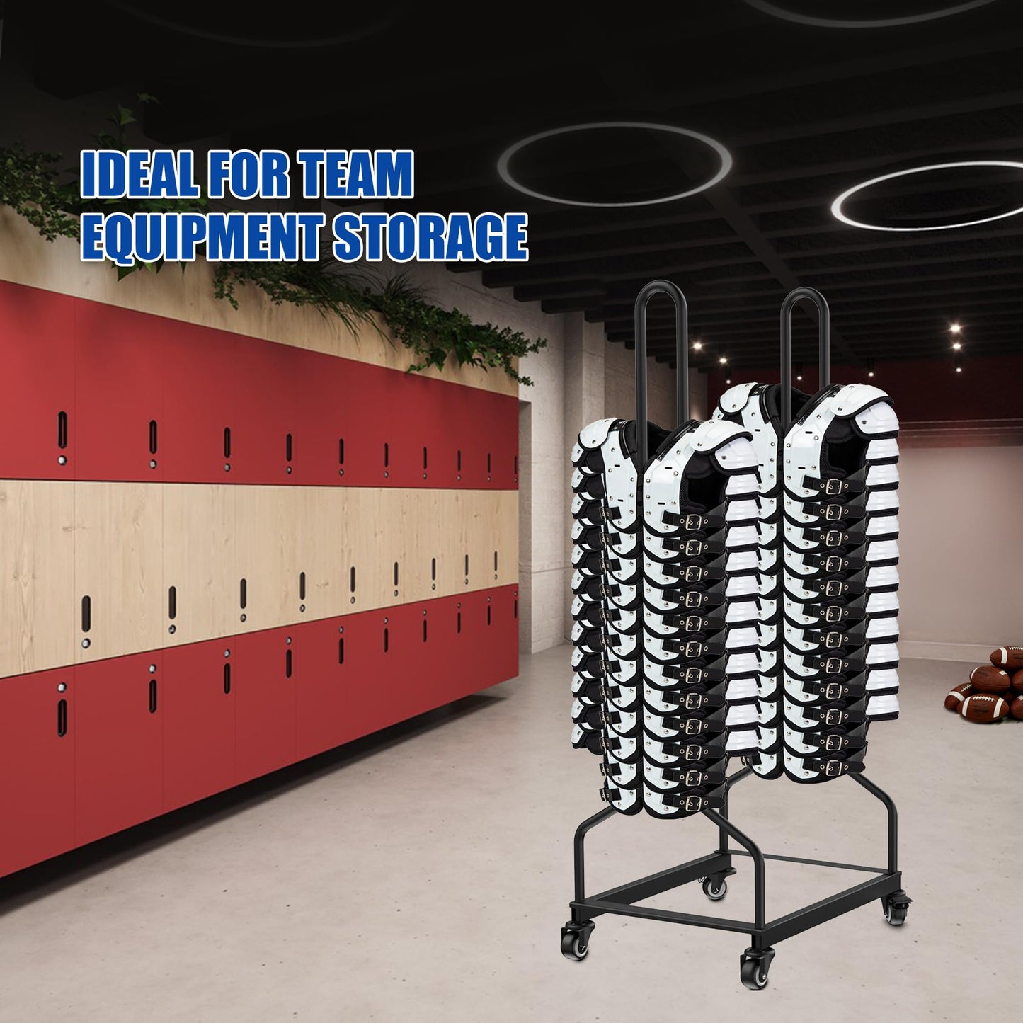 Football Shoulder Pad Rack with Lockable Wheels, Heavy Duty Steel Football Shoulder Pad Holder, Large Capacity Sports Equipment Storage Rack for Locker Room, Team Equipment and Training Facilities