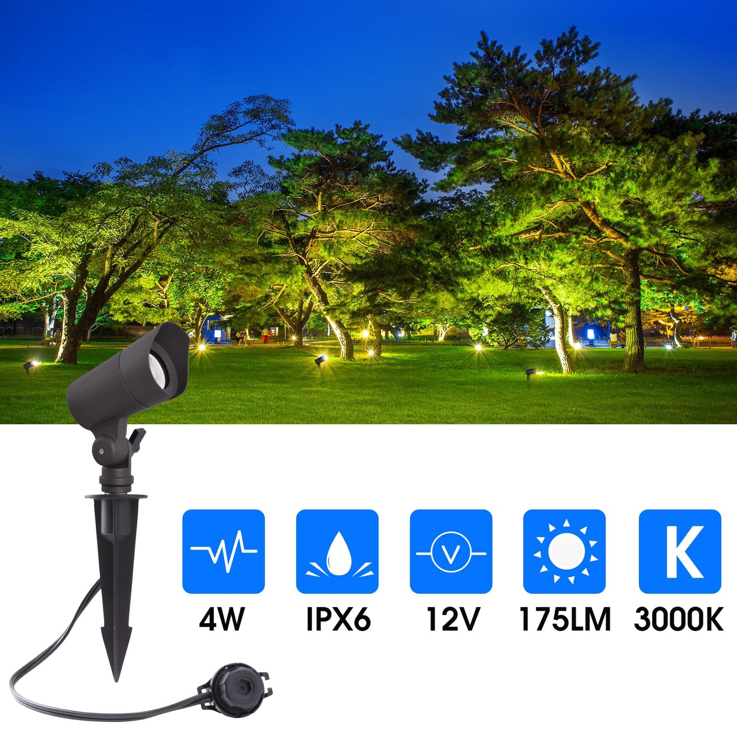 E ENERGETIC LIGHTING LED Landscape Lights with Connectors, 12V Low Voltage, Warm White 3000k, 4W, 175LM, Outdoor Waterproof Garden Pathway Lights Wall Tree Flag Spotlights with Spike Stand, 6 Pack