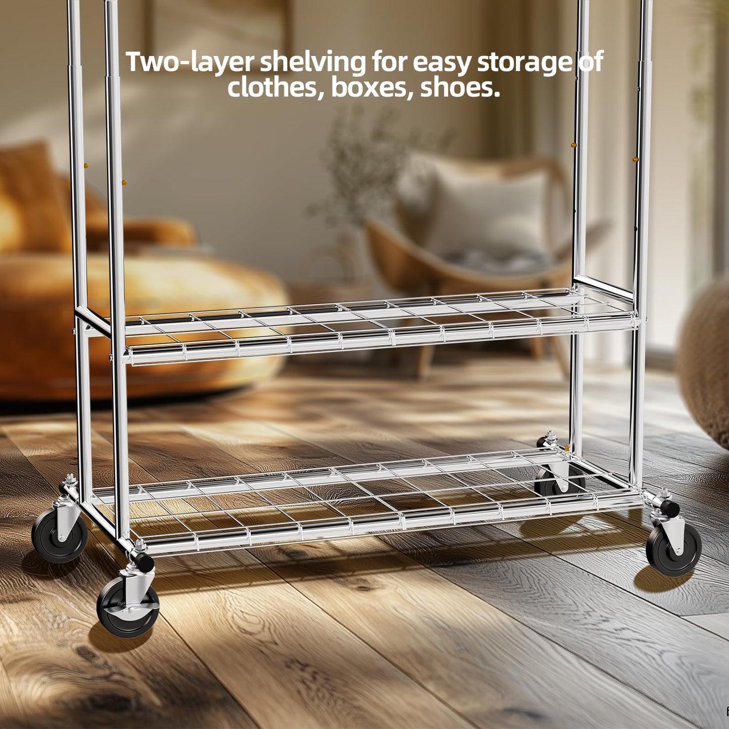 FAHKNS Clothes Rack, 74.5'' W Clothing Rack, Rolling Heavy Duty Clothes Rack, Load 600 Lbs with Wheels, Double Rod Clothing Racks for Hanging Clothes, Adjustable Garment Rack Commercial Portable