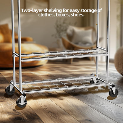 FAHKNS Clothes Rack, 74.5'' W Clothing Rack, Rolling Heavy Duty Clothes Rack, Load 600 Lbs with Wheels, Double Rod Clothing Racks for Hanging Clothes, Adjustable Garment Rack Commercial Portable
