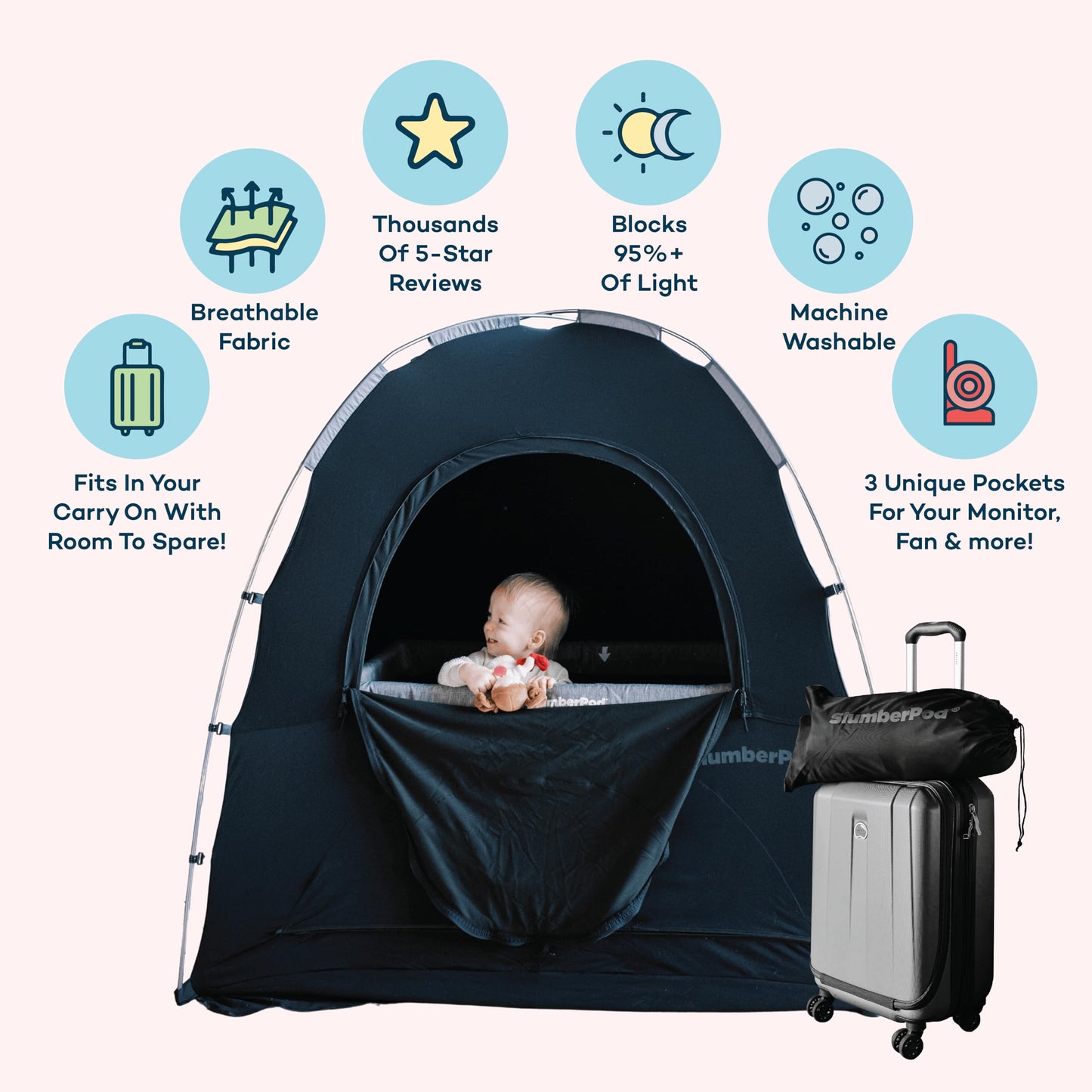SlumberPod The Original Blackout Sleep Tent Travel Essential for Babies and Toddlers, Mini Crib and Pack N Play Cover, Sleep Pod for Kids with Monitor Pouch and Fan Pouch, Blocks 99% Light, Black