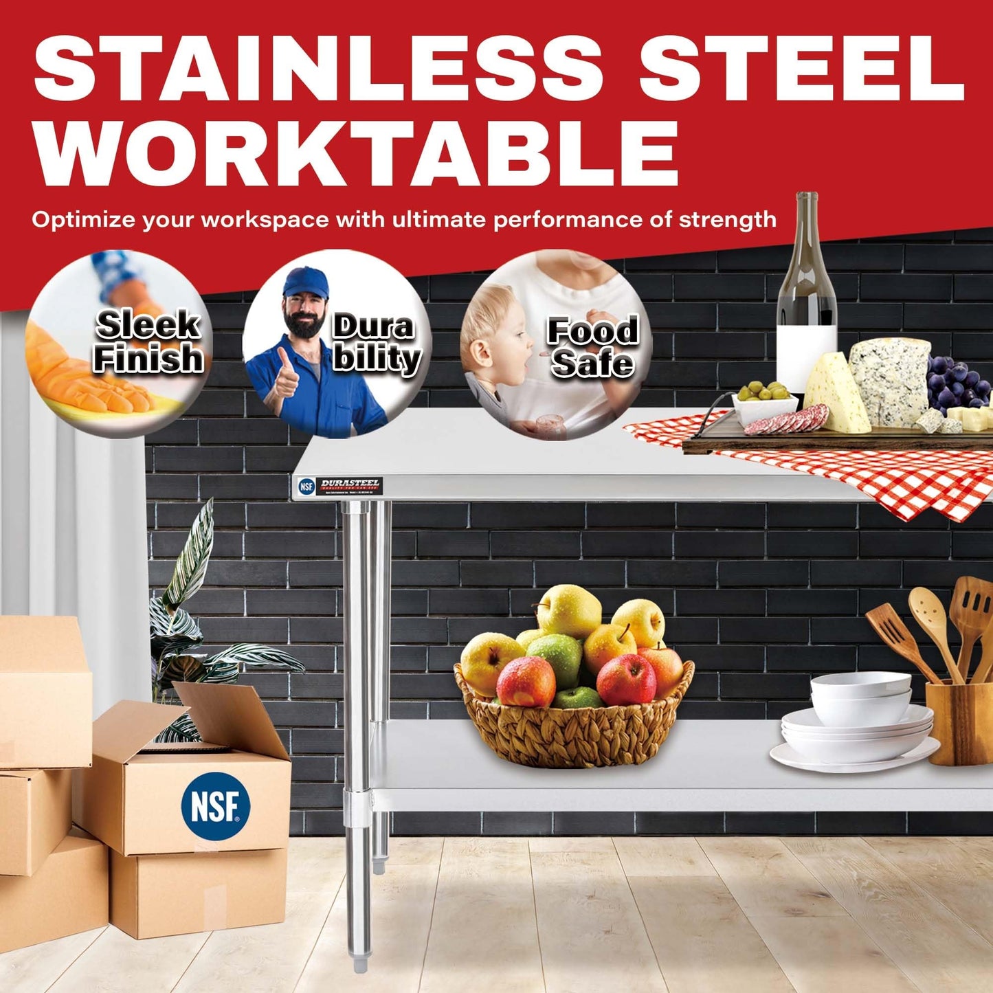 DuraSteel 24x72 Stainless Steel Work Table - NSF Commercial Prep Metal Table w/Adjustable Under Shelf - Kitchen Outdoor Pizza Oven Stand, Garage Workbench, Laundry Utility Worktable - 350 lb Capacity