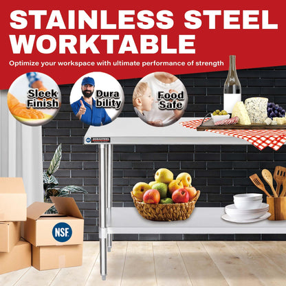DuraSteel 24x72 Stainless Steel Work Table - NSF Commercial Prep Metal Table w/Adjustable Under Shelf - Kitchen Outdoor Pizza Oven Stand, Garage Workbench, Laundry Utility Worktable - 350 lb Capacity