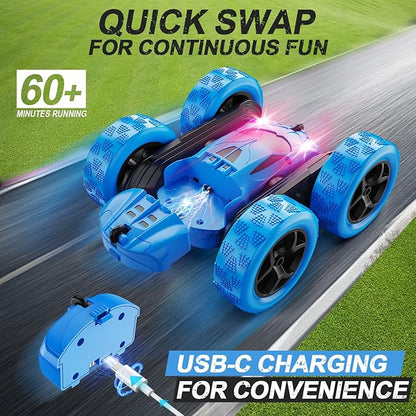 Remote Control Car RC Cars Toys for Kids Ages 6-12 4WD Stunt Car with LED Lights &amp 360° Flips 2.4GHz Upgraded USB-C Modular Batteries 8-10 Year Old Boys Birthday Gift 1-Blue