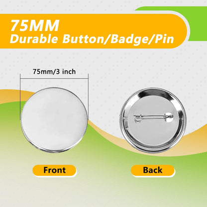 Button Maker Machine 75mm with Badge Pin Supplie Kit, 3-inch Pins Press Buttons Making with Blank Round Button Parts Metal Pin Back & Picture Paper & Plastic Mylar & Cutter, for DIY Keepsake Gift