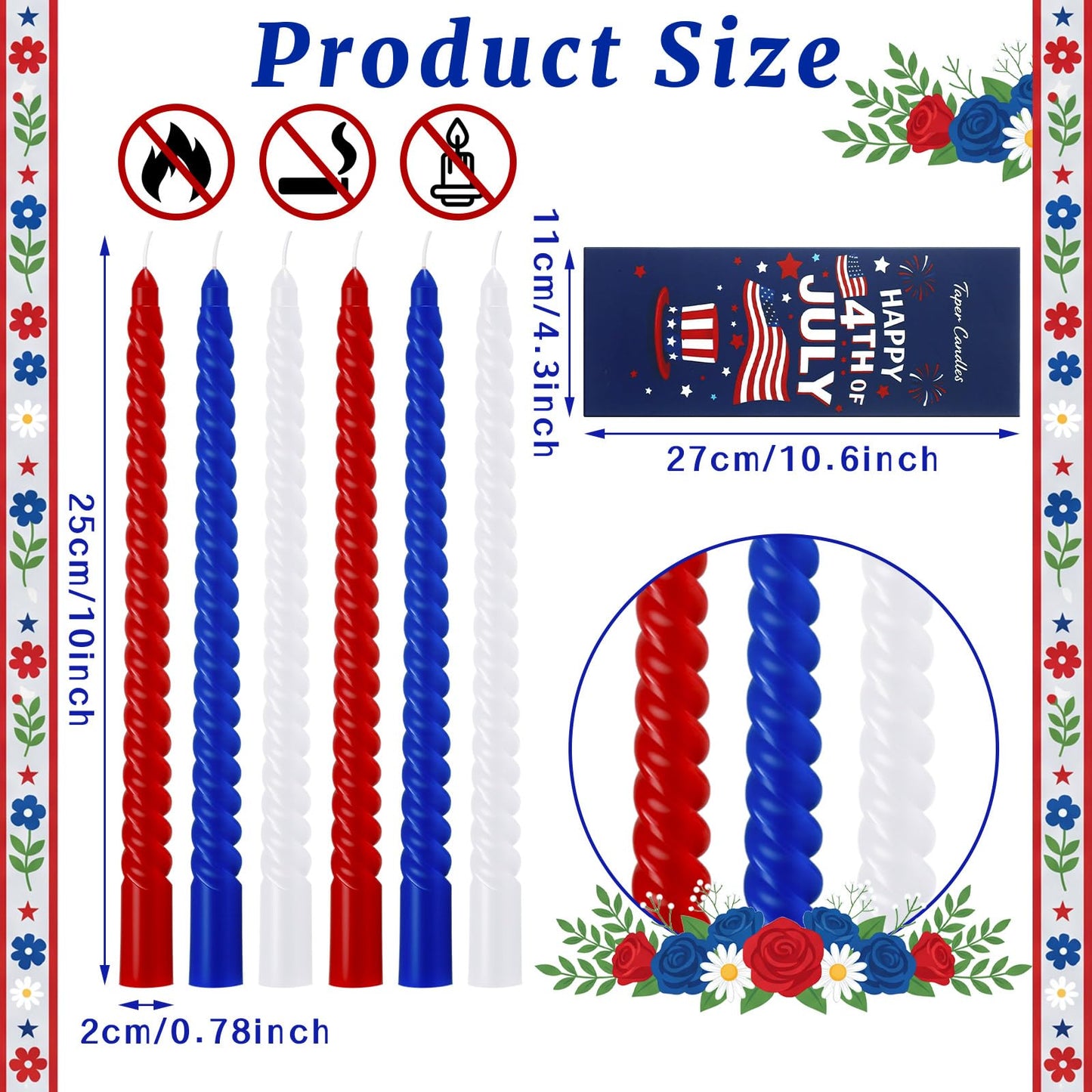 Conelist 12 Pack Red White Blue Spiral Taper Candles Patriotic Flameless Candles Unscented Dripless Twisted Candle Decor with Box 10 Inch for 4th of July 250 Anniversary Independence Day