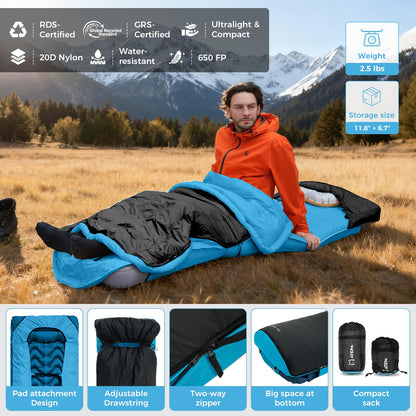 ATEPA Ultralight Down Sleeping Bag for Adults, 650FP Recycled 3 Season Backpacking Sleeping Bag with Pad Attachment System & Compression Sack for Camping Hiking, Comfort 50°F, Bulwark 300 Black