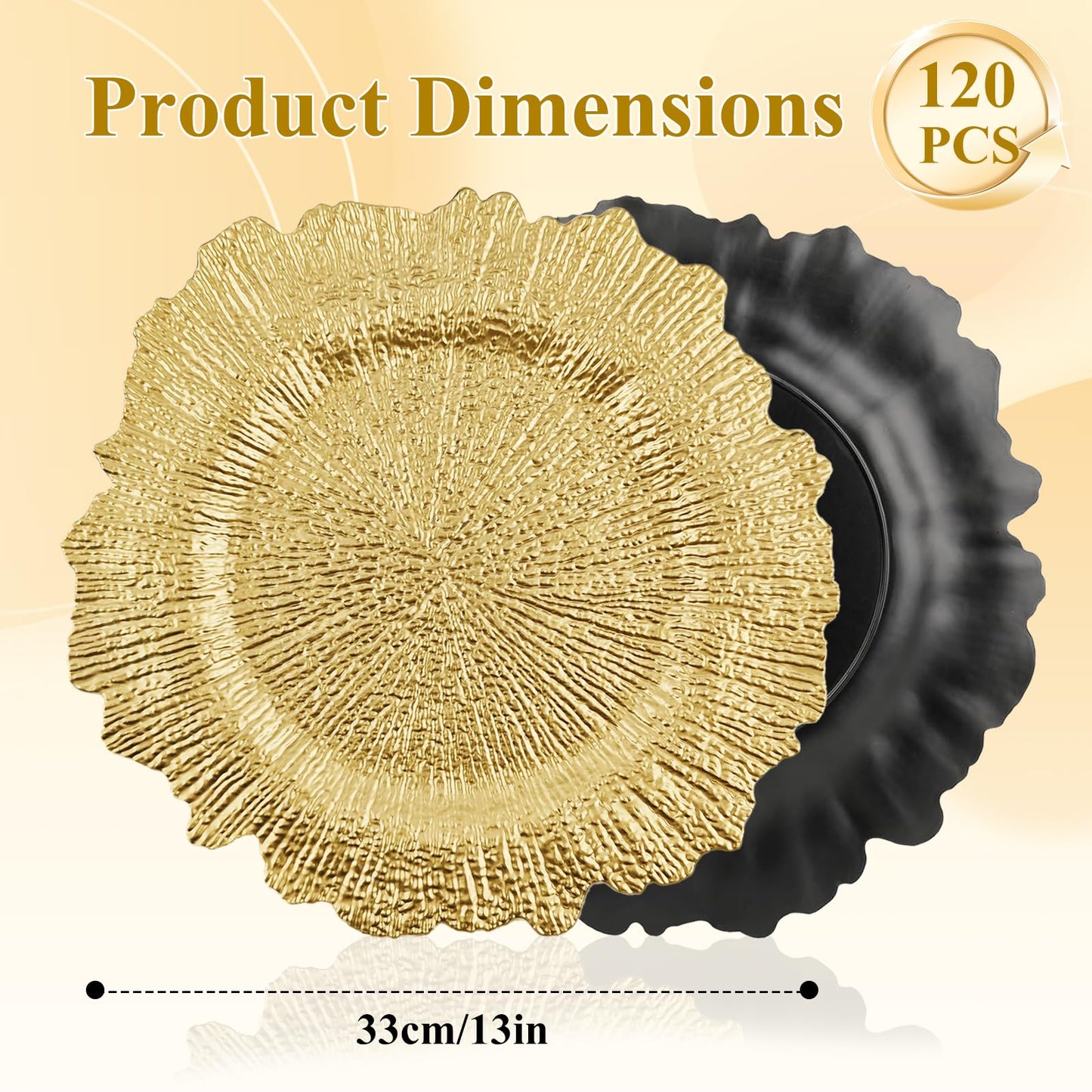 ZHTLTHZ 120-Pack 13" Gold Beaded Charger Plates – Disposable/Reusable Plastic Round Dinner Chargers, Prevents Food Overflow, Elegant Wedding Tableware, Formal Party Holiday Decor