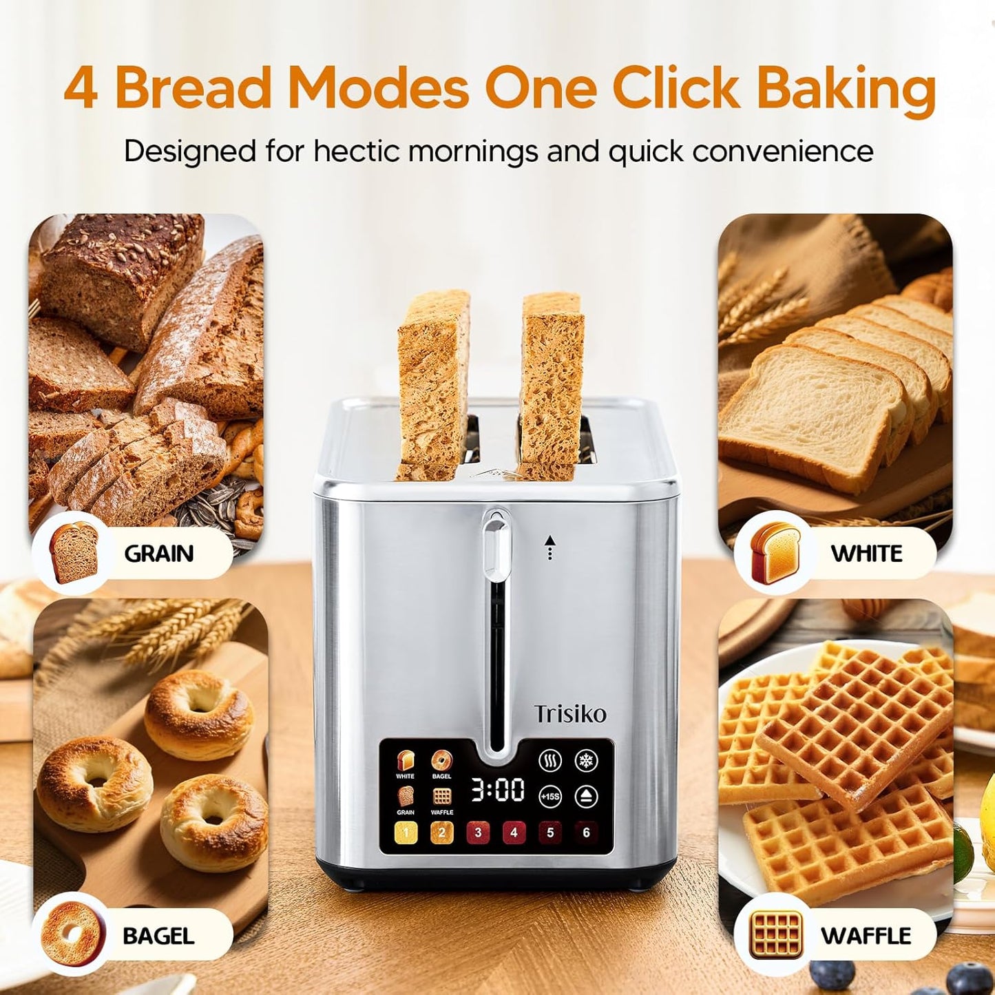 Trisiko® Touch Screen Toaster - 2 Slice Stainless Steel Smart Toaster with Digital Timer & Extra-Wide Slots