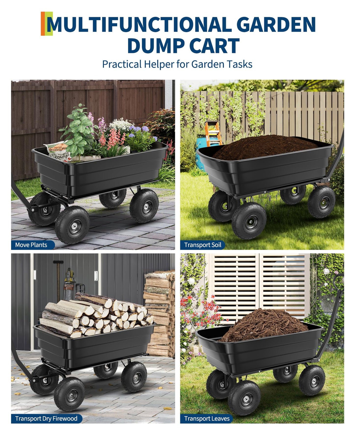 1200LB Capacity Heavy Duty Garden Utility Wagon, All-Terrain Dump Cart with 180° Adjustable Handle & Quick Release for Soil, Plants, Tools, Black