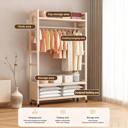 Freestanding Garment Rack, Portable Clothing Rack with Wheels and 4 Hooks, Rolling Organizer for Hanging Clothes and Storage, Wardrobe Shelves for Bedroom Living Room Home (Milky white, 100CM)