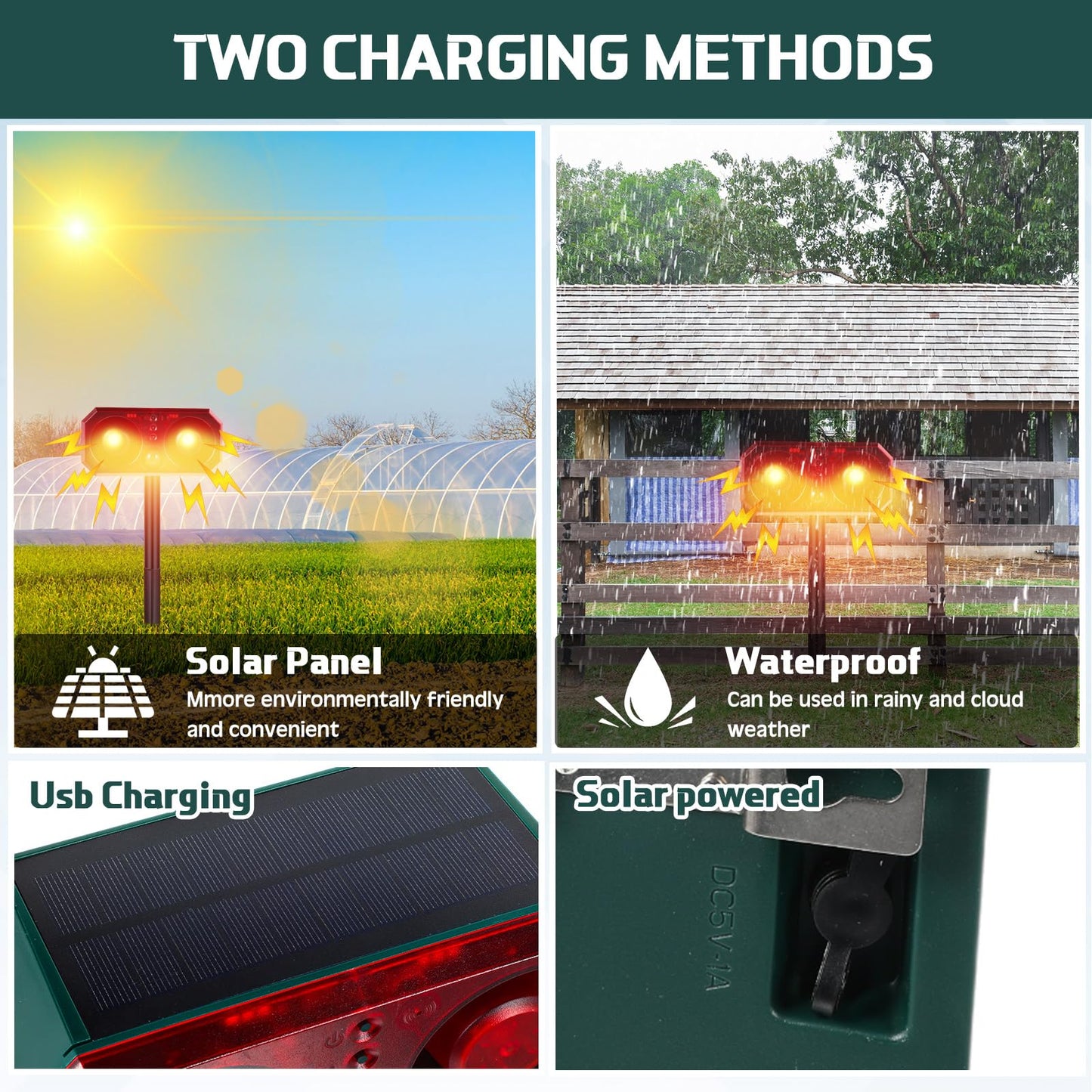 Qualirey 6 Pcs Solar Outdoor Motion Sensor Alarm with Stake Animal Deterrent Dog Barking Sensor 13 Sound 130db Loud Noise Maker 4 Mode with USB Remote Control Support Recording Volume Adjustment