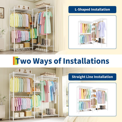 GarveeTech Heavy Duty Garment Rack L Shaped Clothes Rack for Corner,Load 1631LBS,Freestanding Portable Wardrobe Closet with 7 Adjustable Shelves, 4 Hanging Rods for Home,70.5" H x 85.4" L x 17.4" W