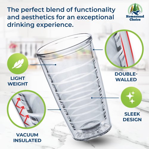 Homestead Choice 16oz Insulated Tumblers Plastic Keeps Drinks Cold & Hot, 4pack Double Walled Clear Insulated Drinking Glasses Cup, BPA-Free, Reusable, Camping, Travel, Kitchen, Party
