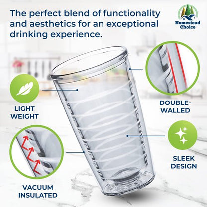 Homestead Choice 16oz Insulated Tumblers Plastic Keeps Drinks Cold & Hot, 4pack Double Walled Clear Insulated Drinking Glasses Cup, BPA-Free, Reusable, Camping, Travel, Kitchen, Party