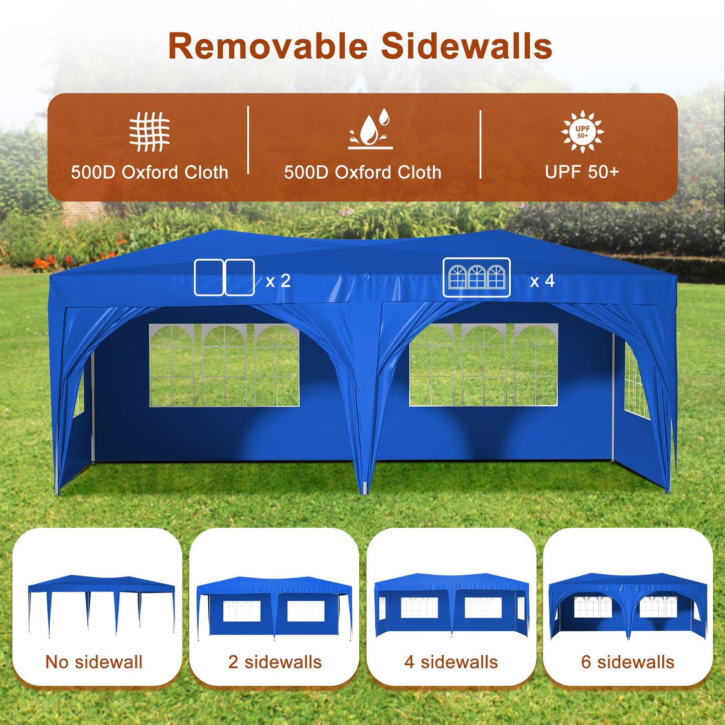 Osparple 10x20 FT Pop Up Canopy Tent, Outdoor Party Tent for Wedding with 6 Removable Sidewalls, Heavy Duty Waterproof Patio Canopy for Backyard, Garden, Lawn - Blue