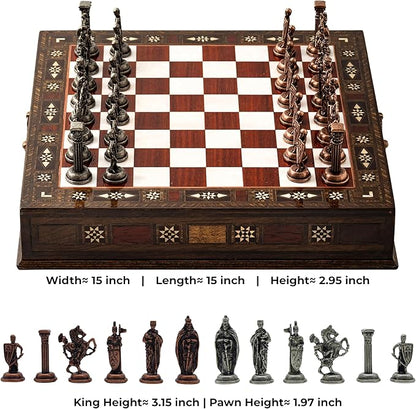 Luxury Wooden Chess Set with Metal British Army Pieces – Handmade Walnut Chess Board with Storage – Decorative Gift for Adults &amp Father Gift (Rose)