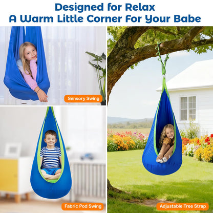 FUNLIO 2-in-1 Sensory Swing with Stand, Triangular Frame Swing Set with Sensory Swing & Pod Swing, Heavy Duty Steel Swing Stand for Kids, 240 lbs Capacity, Indoor & Outdoor, Height Adjustable Design